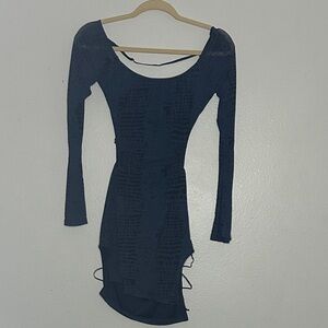 Fashion Nova Navy Long-Sleeve Open Back Asymmetric Hem Dress